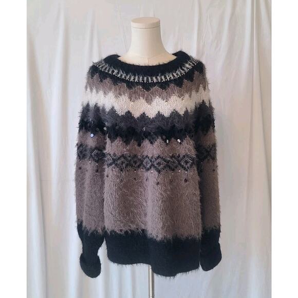 Anthropologie Sleeping On Snow Gray Black Fair Isle Bubble Sleeve Sweater Large - Picture 3 of 7